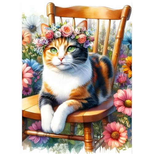 QINRUBB DIY Calico-Katze Diamant Painting Bilder Anfänger, 5D Katze auf Einem Hocker Diamond Painting Erwachsene, Runder Vollbohrer Blumen Diamant Kunst Kits Kreuzstich Home Wand Dekor 30x40 cm von QINRUBB