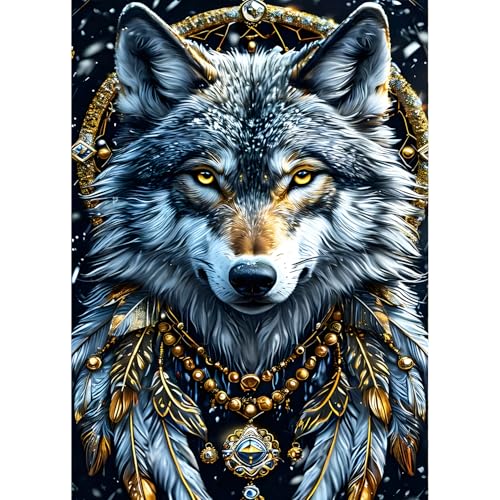 QINRUBB DIY Fantasie Wolf Diamond Painting Erwachsene, 5D Traumfänger Diamant Painting Bilder Anfänger, Feder Runder Vollbohrer Diamant Kunst Kits Kreuzstich Geschenke Home Wand Dekor 30x40 cm von QINRUBB