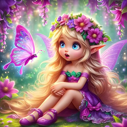 QINRUBB DIY Fee Elf Diamond Painting Erwachsene, 5D Schmetterling Diamant Painting Bilder Anfänger, Zeichentrickfilm Runder Vollbohrer Diamant Kunst Kits Kreuzstich Geschenke Home Wand Dekor 30x30 cm von QINRUBB
