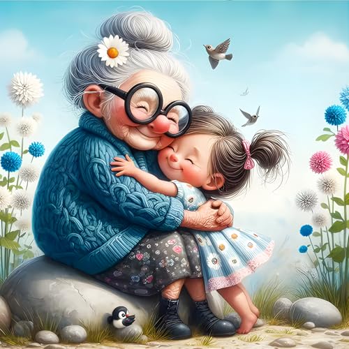 QINRUBB DIY Großmutter und Enkelin Diamond Painting Erwachsene, 5D Karikatur Diamant Painting Bilder Anfänger, Runder Vollbohrer Diamant Kunst Kits Kreuzstich Geschenke Home Wand Dekor 30x30 cm von QINRUBB