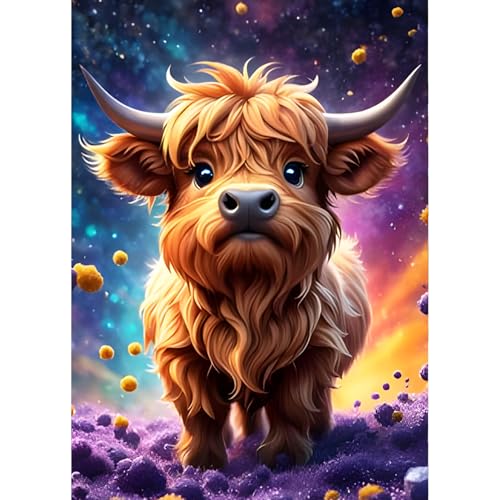 QINRUBB DIY Hochland-Kuh Diamond Painting Erwachsene, 5D Sternenhimmel Diamant Painting Bilder Anfänger, Runder Vollbohrer Diamanten Malerei Stickerei Kreuzstich Geschenke Home Wand Dekor 30x40cm von QINRUBB