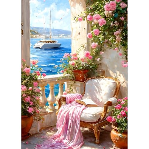 QINRUBB DIY Hocker Diamond Painting Erwachsene, 5D Meerblick Diamant Painting Bilder Anfänger, Bunte Blumen Runder Vollbohrer Diamant Kunst Kits Stickerei Kreuzstich Geschenke Home Wand Dekor 30x40 cm von QINRUBB