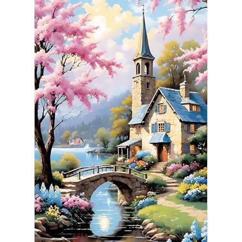 QINRUBB DIY Hütte Diamant Painting Bilder Anfänger, 5D Brücke Fluss Diamond Painting Erwachsene, Runder Vollbohrer Landschaft Diamant Kunst Kits Kreuzstich Home Wand Dekor 30x40 cm von QINRUBB