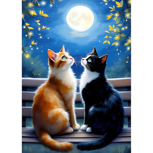 QINRUBB DIY Kätzchen Pärchen Diamond Painting Erwachsene, 5D Mondnacht Diamant Painting Bilder Anfänger, Mond Runder Vollbohrer Diamant Kunst Kits Kreuzstich Geschenke Home Wand Dekor 30x40 cm von QINRUBB