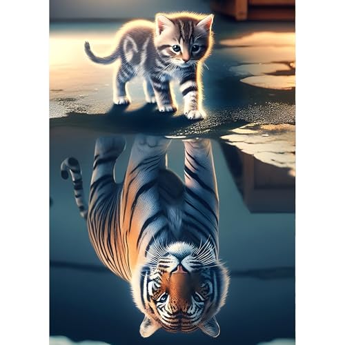 QINRUBB DIY Kätzchen Tiger Diamond Painting Erwachsene, 5D Spiegelung Diamant Painting Bilder Anfänger, Runder Vollbohrer Diamant Kunst Kits Stickerei Kreuzstich Geschenke Home Wand Dekor 30x40 cm von QINRUBB