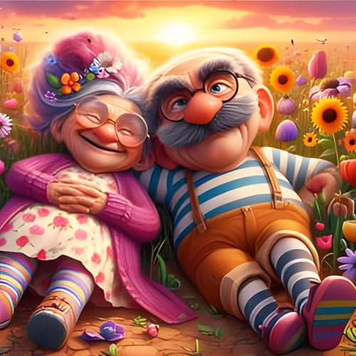 QINRUBB DIY Karikatur Liebespaar Diamond Painting Erwachsene, 5D Sunset Diamant Painting Bilder Anfänger, Elderly Runder Vollbohrer Diamant Kunst Kits Kreuzstich Geschenke Home Wand Dekor 30x30 cm von QINRUBB