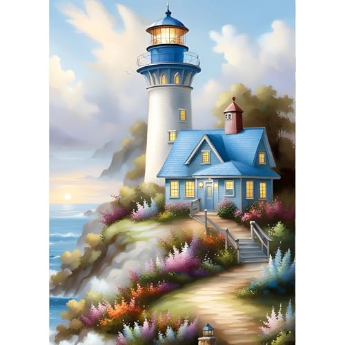 QINRUBB DIY Leuchtturm Diamant Painting Bilder Anfänger, 5D Meeresufer Weg Diamond Painting Erwachsene, Runder Vollbohrer Haus Diamant Kunst Kits Kreuzstich Home Wand Dekor 30x40 cm von QINRUBB