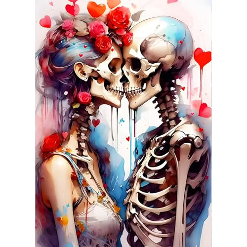 QINRUBB DIY Liebespaar Diamond Painting Erwachsene, 5D Horror Totenkopf Diamant Painting Bilder Anfänger, Blumen Runder Vollbohrer Diamant Kunst Kits Kreuzstich Geschenke Home Wand Dekor 30x40 cm von QINRUBB