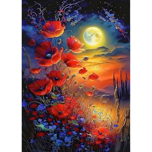 QINRUBB DIY Mohn Blumen Diamond Painting Erwachsene, 5D Mondlicht Diamant Painting Bilder Anfänger, Blumen Runder Vollbohrer Diamanten Malerei Stickerei Kreuzstich Geschenke Home Wand Dekor 30x40 cm von QINRUBB