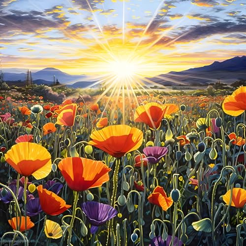 QINRUBB DIY Mohn Blumen Diamond Painting Erwachsene, 5D Sonnenuntergang Diamant Painting Bilder Anfänger, Runder Vollbohrer Diamanten Malerei Stickerei Kreuzstich Geschenke Home Wand Dekor 30x30 cm von QINRUBB