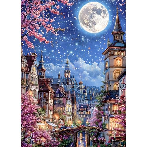 QINRUBB DIY Mondnacht Diamond Painting Erwachsene, 5D Nachtansicht Diamant Painting Bilder Anfänger, Blumen Runder Vollbohrer Diamant Kunst Kits Stickerei Kreuzstich Geschenke Home Wand Dekor 30x40 cm von QINRUBB