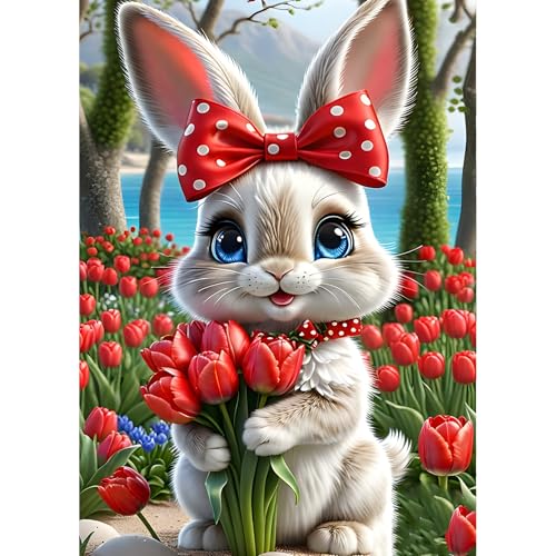 QINRUBB DIY Niedliches Kaninchen Diamond Painting Erwachsene, 5D Tulpe Diamant Painting Bilder Anfänger, Blumen Runder Vollbohrer Diamant Kunst Kits Kreuzstich Geschenke Home Wand Dekor 30x40 cm von QINRUBB