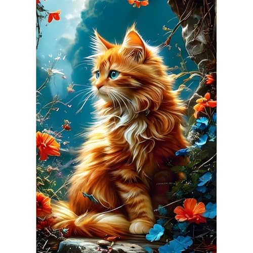 QINRUBB DIY Orange Katze Diamant Painting Bilder Anfänger, 5D Niedliches Kätzchen Diamond Painting Erwachsene, Runder Vollbohrer Blumen Diamant Kunst Kits Kreuzstich Home Wand Dekor 30x40 cm von QINRUBB