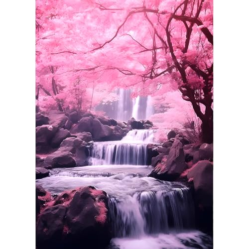 QINRUBB DIY Rosa Wald Diamant Painting Bilder Anfänger, 5D Wasserfall Diamond Painting Erwachsene, Runder Vollbohrer Traumland Diamant Kunst Kits Kreuzstich Landschaft Home Wand Dekor 30x40 cm von QINRUBB