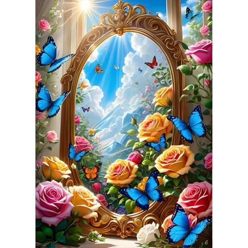 QINRUBB DIY Rosenblüten Diamond Painting Erwachsene, 5D Schmetterling Diamant Painting Bilder Anfänger, Runder Vollbohrer Diamanten Malerei Stickerei Kreuzstich Geschenke Home Wand Dekor 30x40cm von QINRUBB