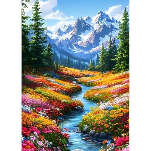 QINRUBB DIY Schneeberg Diamond Painting Erwachsene, 5D Fluss Wald Diamant Painting Bilder Anfänger, Wildblumen Runder Vollbohrer Diamant Kunst Kits Kreuzstich Geschenke Home Wand Dekor 30x40 cm von QINRUBB