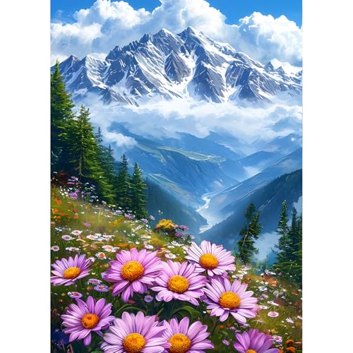 QINRUBB DIY Schneeberg Diamond Painting Erwachsene, 5D Grasland Diamant Painting Bilder Anfänger, Wildblumen Runder Vollbohrer Diamant Kunst Kits Kreuzstich Geschenke Home Wand Dekor 30x40 cm von QINRUBB