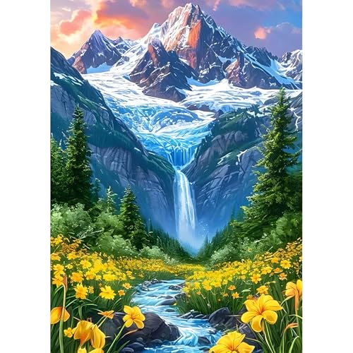 QINRUBB DIY Schneeberg Diamond Painting Erwachsene, 5D Wildblumen Diamant Painting Bilder Anfänger, Fluss Wald Runder Vollbohrer Diamant Kunst Kits Kreuzstich Geschenke Home Wand Dekor 30x40 cm von QINRUBB
