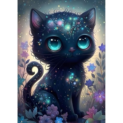 QINRUBB DIY Schwarze Katze Diamond Painting Erwachsene, 5D Kätzchen Diamant Painting Bilder Anfänger, Blumen Runder Vollbohrer Diamanten Malerei Stickerei Kreuzstich Geschenke Home Wand Dekor 30x40cm von QINRUBB