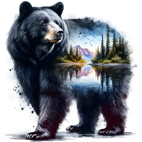 QINRUBB DIY Schwarzer Bär Diamond Painting Erwachsene, 5D Wald Diamant Painting Bilder Anfänger, See Runder Vollbohrer Diamanten Malerei Stickerei Kreuzstich Geschenke Home Wand Dekor 30x30 cm von QINRUBB