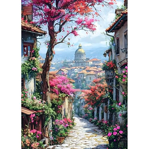 QINRUBB DIY Stadtstraße Diamond Painting Erwachsene, 5D Bunte Blumen Diamant Painting Bilder Anfänger, Haus Runder Vollbohrer Diamant Kunst Kits Stickerei Kreuzstich Geschenke Home Wand Dekor 30x40 cm von QINRUBB