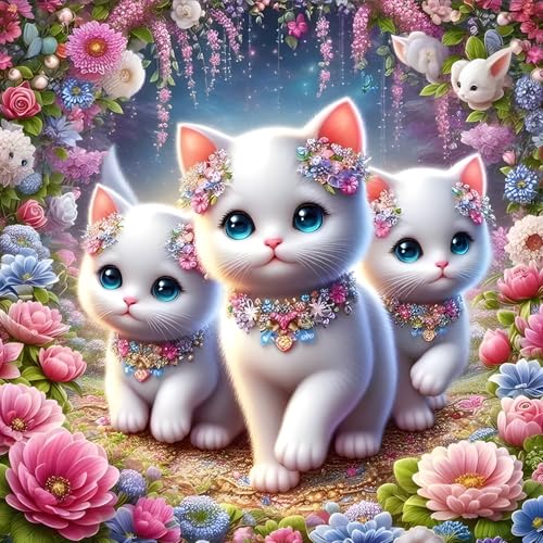 QINRUBB DIY Weiße Katze Diamond Painting Erwachsene, 5D Süßes Kätzchen Diamant Painting Bilder Anfänger, Blumen Runder Vollbohrer Diamant Kunst Kits Kreuzstich Geschenke Home Wand Dekor 30x30 cm von QINRUBB