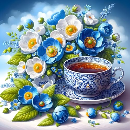 QINRUBB DIY Weiße und Blaue Blumen Diamond Painting Erwachsene, 5D Kaffee Diamant Painting Bilder Anfänger, Runder Vollbohrer Diamant Kunst Kits Kreuzstich Geschenke Home Wand Dekor 30x30 cm von QINRUBB