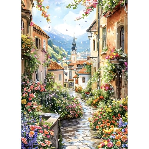 QINRUBB DIY Wildblumen Diamond Painting Erwachsene, 5D Alte Straße Diamant Painting Bilder Anfänger, Haus Blumen Runder Vollbohrer Diamant Kunst Kits Kreuzstich Geschenke Home Wand Dekor 30x40 cm von QINRUBB