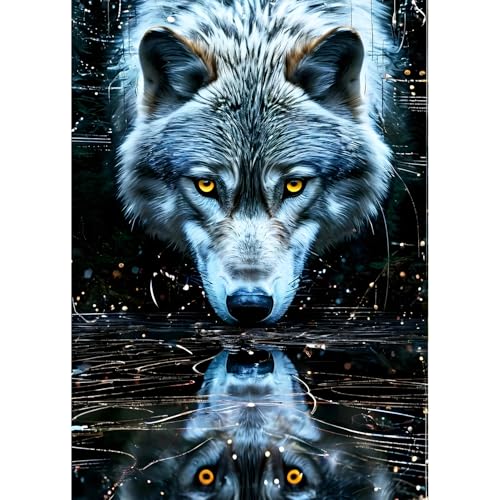 QINRUBB DIY Wolf Diamond Painting Erwachsene, 5D Spiegelung Diamant Painting Bilder Anfänger, Fantasie Runder Vollbohrer Diamanten Malerei Stickerei Kreuzstich Geschenke Home Wand Dekor 30x40cm von QINRUBB