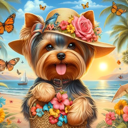 QINRUBB DIY Yorkshire Terrier Diamond Painting Erwachsene, 5D Welpe Diamant Painting Bilder Anfänger, Blumen Runder Vollbohrer Diamanten Malerei Stickerei Kreuzstich Geschenke Home Wand Dekor 30x30cm von QINRUBB