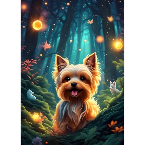QINRUBB DIY Yorkshire Terrier Diamond Painting Erwachsene, 5D Welpe Diamant Painting Bilder Anfänger, Wald Runder Vollbohrer Diamanten Malerei Stickerei Kreuzstich Geschenke Home Wand Dekor 30x40cm von QINRUBB