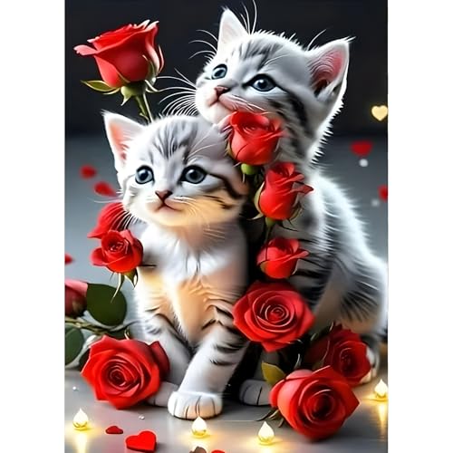 QINRUBB DIY Zwei Kätzchen Diamond Painting Erwachsene, 5D Rosenblüten Diamant Painting Bilder Anfänger, Liebespaar Runder Vollbohrer Diamant Kunst Kits Kreuzstich Geschenke Home Wand Dekor 30x40 cm von QINRUBB