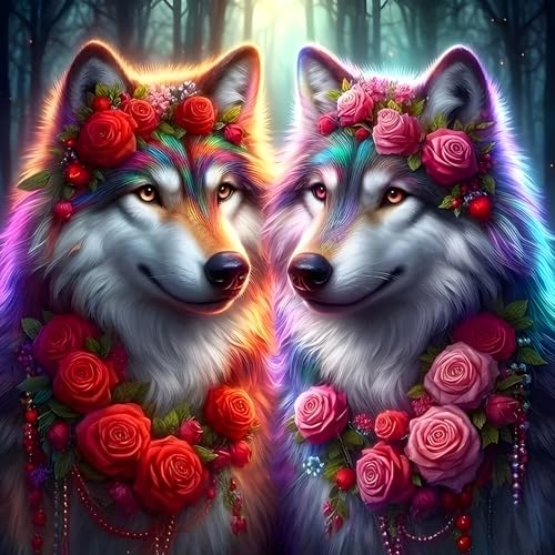 QINRUBB DIY Zwei Wölfe Diamond Painting Erwachsene, 5D Liebespaar Diamant Painting Bilder Anfänger, Blumen Runder Vollbohrer Diamanten Malerei Stickerei Kreuzstich Geschenke Home Wand Dekor 30x30 cm von QINRUBB