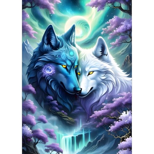 QINRUBB DIY Zwei Wölfe Diamond Painting Erwachsene, 5D Liebespaar Diamant Painting Bilder Anfänger, Wolf Runder Vollbohrer Diamant Kunst Kits Stickerei Kreuzstich Geschenke Home Wand Dekor 30x40 cm von QINRUBB