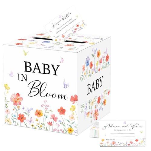 QISOLIY 50 Stück Windel-Tickets mit Box, Babyparty-Spieleinladungen, Windeln, Tombola-Karten, Windel, Tombola-Box-Set für Babyparty, Geschlechtsoffenbarung, Partyzubehör, Kartenbox (Blume) von QISOLIY