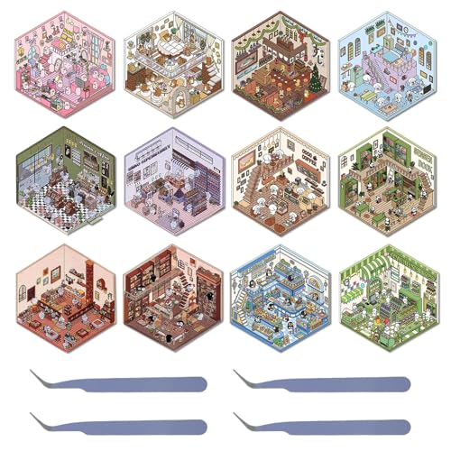 12Pcs DIY 3D House Stickers, DIY 3D Hausaufkleber Set mit 4 Pinzetten, Sticker Scenes Selbermachen von Supermarkt, Café, Restaurant, DIY-Aufkleber für Erwachsene und Kinder von QITIXI:OU
