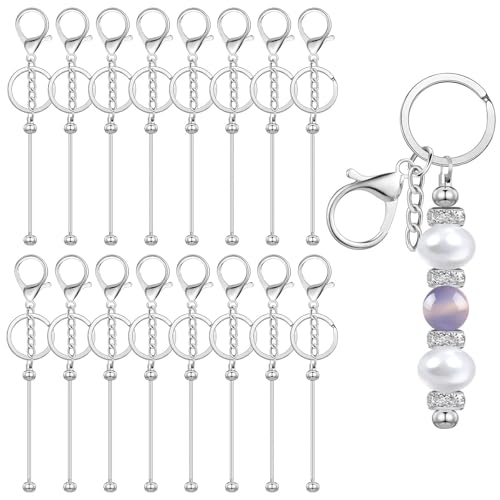 16 Stück Perlen Schlüsselanhänger-Stangen, Blanko Metall Rohlinge Schlüsselanhänger Streifen für Frauen & Männer DIY, Schmuckherstellung, Anhänger, Basteln, Charms, Zubehör(Silber) von QITIXI:OU