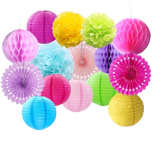 24 Stück Bunt Party Dekoration Papier, Pompoms, Aufhängen Fächer Und Bunt Runde Papierlaterne, Chinesisches Papierlampe für Party, Hochzeit, Geburtstag, Graduierung Deko, Weihnachten, Karneval von QITIXI:OU