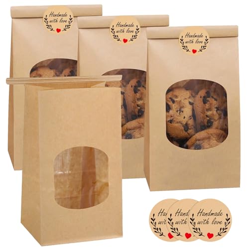 25 Stück kleine Kekstüten Keksbeutel mit Fenster, Papiertüten Braun mit Verschlussclips, Kraftpapier Tüten, Backbeutel, kleine Brottüte, Brottüten Papier für Gebäck,Süßigkeiten Geschenktüte (9*6*17cm) von QITIXI:OU