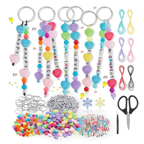 290 Stück Schlüsselanhänger Bastelset, Armbänder mit Einschließlich Herz, Buchstaben Acryl Rocailles, Schwarze Schere und Pinzette, DIY Bastelarbeiten als Belohnung für die Klasse & als Partygeschenk von QITIXI:OU