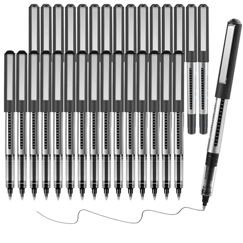 30 Stück Tintenroller Schwarz Set, 0,7mm Rollerball Pen, Tintenroller mit Flüssiger Tinte, Schnelltrocknende Kugelschreiber, Gelstifte Schwarz für Schule Büro Geschäft Journaling Schüler von QITIXI:OU