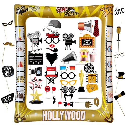 44pcs Filmabend Fotobox Accessoires - Filmnacht Foto Requisiten Aufblasbarer Fotorahmen Fotorequisiten PartyzubehöR, Geburtstag Fotorequisiten Aufblasbar Setfür Hollywood Filmstar Geburtstag Deko von QITIXI:OU