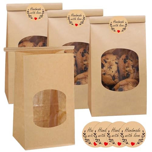 50 Stück kleine Kekstüten Keksbeutel mit Fenster, Papiertüten Braun mit Verschlussclips, Kraftpapier Tüten, Backbeutel, kleine Brottüte, Brottüten Papier für Gebäck,Süßigkeiten Geschenktüte (9*6*17cm) von QITIXI:OU