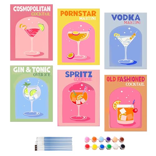6 Stück Malen Nach Zahlen Cocktail Set - DIY Set Cocktail Malen, DIY Malen Nach ZahlenSet, Anzug für Anfänger, Erwachsene und Kinder, mit 36 Farben Acrylfarbe & 9 Pinseln, Ohne Rahmen (20 x 30 cm) von QITIXI:OU