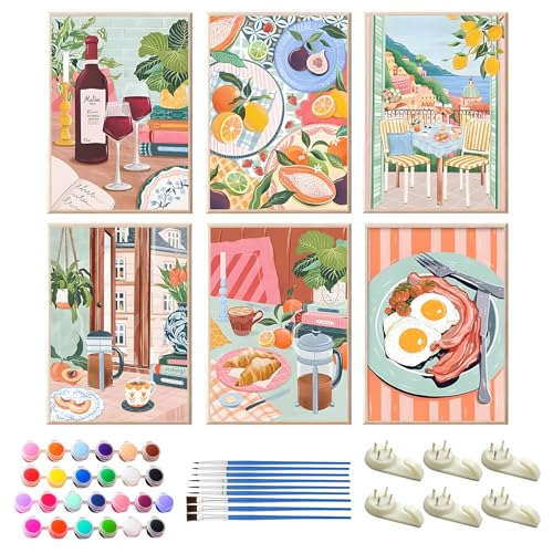 6 Stück Malen Nach Zahlen Set, DIY Handgemalt Ölgemälde Nach Zahlen Essen für Anfänger, Erwachsene und Kinder mit 36 Farben Acrylfarbe & 12 Pinseln, 6 Haken, für Home Decor, Ohne Rahmen (20 x 30cm) 6 Stück Malen Nach Zahlen Set, DIY Handgemalt Ölgemälde Nach Zahlen Essen für Anfänger, Erwachsene und Kinder mit 36 Farben Acrylfarbe & 12 Pinseln, 6 Haken, für Home Decor, Ohne Rahmen (20 x 30cm) von QITIXI:OU