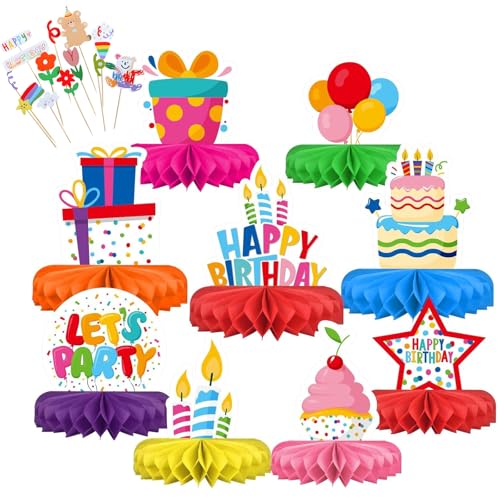 9 Stück Wabenbälle Tischdeko, Geburtstag Tischdeko Kindergeburtstag,Honeycomb Party Dekorationen mit Kuchen Kerzen Sternenmuster,Bienenwabe Mittelstücke Geburtstag für Jungen Mädchen Tischdekorationen von QITIXI:OU