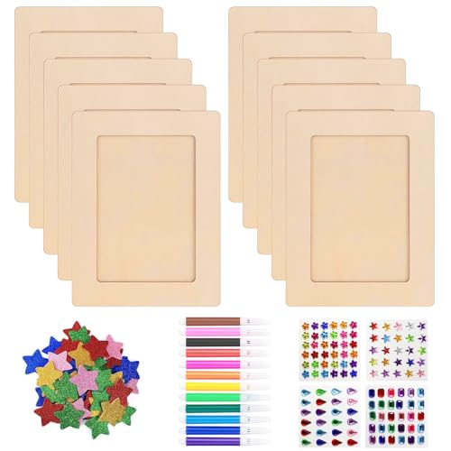 Bilderrahmen Holz Set, 10 Stück 20x15 CM Kinder Bilderrahmen Bastelsets mit Glitzersteine, Glitter Schaum Sticker, Bunter Pinsel für DIY Holzfarbe Geschenke Dekoration Kinderbilderrahmen zum Bemalen Bilderrahmen Holz Set, 10 Stück 20x15 CM Kinder Bilderrahmen Bastelsets mit Glitzersteine, Glitter Schaum Sticker, Bunter Pinsel für DIY Holzfarbe Geschenke Dekoration Kinderbilderrahmen zum Bemalen von QITIXI:OU