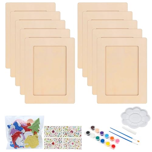 Bilderrahmen Holz Set, 10 Stück 20x15 CM Kinder Bilderrahmen Bastelsets mit Glitzersteine, Glitter Schaum Sticker, Bunter Pinsel für DIY Holzfarbe Geschenke Dekoration Kinderbilderrahmen zum Bemalen von QITIXI:OU