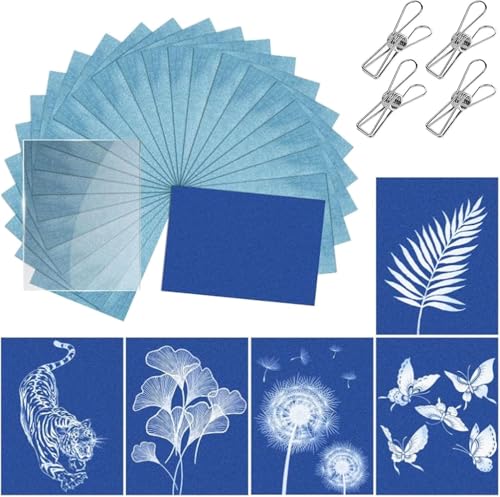 Cyanotypie Papier Kit - 32 Stück A5 Sonne Drucken Papier mit Acrylplatte und 4 Clips, 21×14,8cm Sonnenkunstpapier Naturdruckpapier, Solar-Zeichenpapier für Kinder Erwachsene Kunsthandwerk DIY Projekte von QITIXI:OU