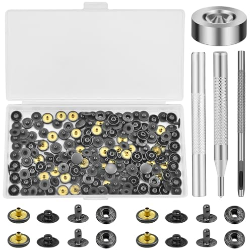 Druckknöpfe Ohne Nähen Set - 50 Sets10 mm Druckknöpfe mit Zange Set mit 4-teiligem nstallationswerkzeug, Leder-Nieten-Druckknöpfe zum Nähen von Kleidung, Taschen, und Heimwerkerarbeiten(Schwarz) von QITIXI:OU